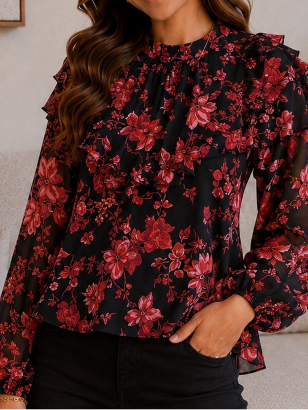 Vince Camuto Black Red Floral Ruffle Mock Neck Sheer Long Sleeve Blouse Top Sz M